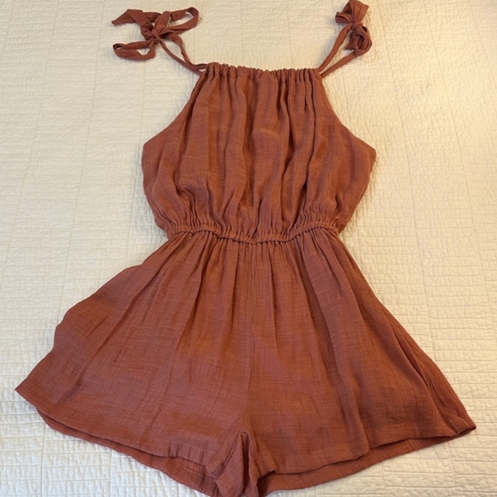Women’s Rust Tie-Shoulder Romper with Elastic Waist